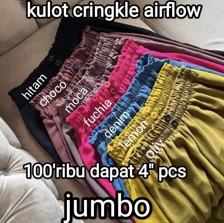 Promo 100 Ribu 4 Pcs Kulot Crinkle Airflow Jumbo Premium Variasi Kancing Depan//Kulot Crinkle Highwaist Variasi Button Full Karet Celana Panjang Wanita