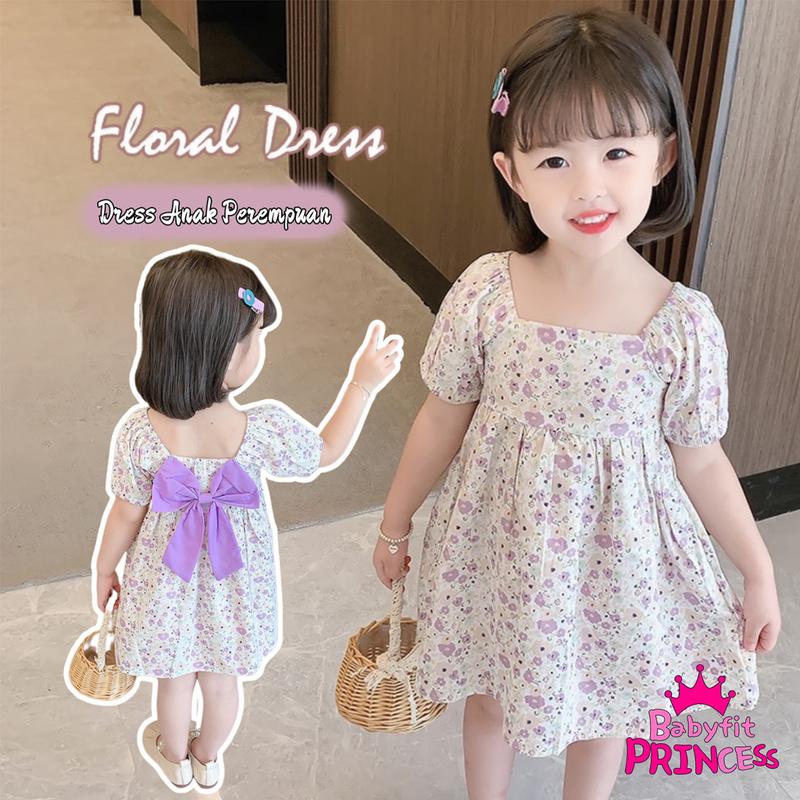 （COD）dress Korea baru untuk anak perempuan kecil - Motif bunga yang menggemaskan dan hiasan pita, lengan bergembung, bahan lembut dan gaya longgar dress  an gaun  kupu Fashion Baju 0