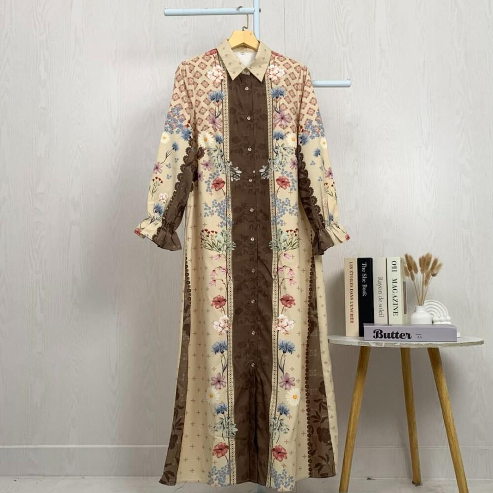 Asaya Gaun elegan dengan motif posisi mode lengan panjang