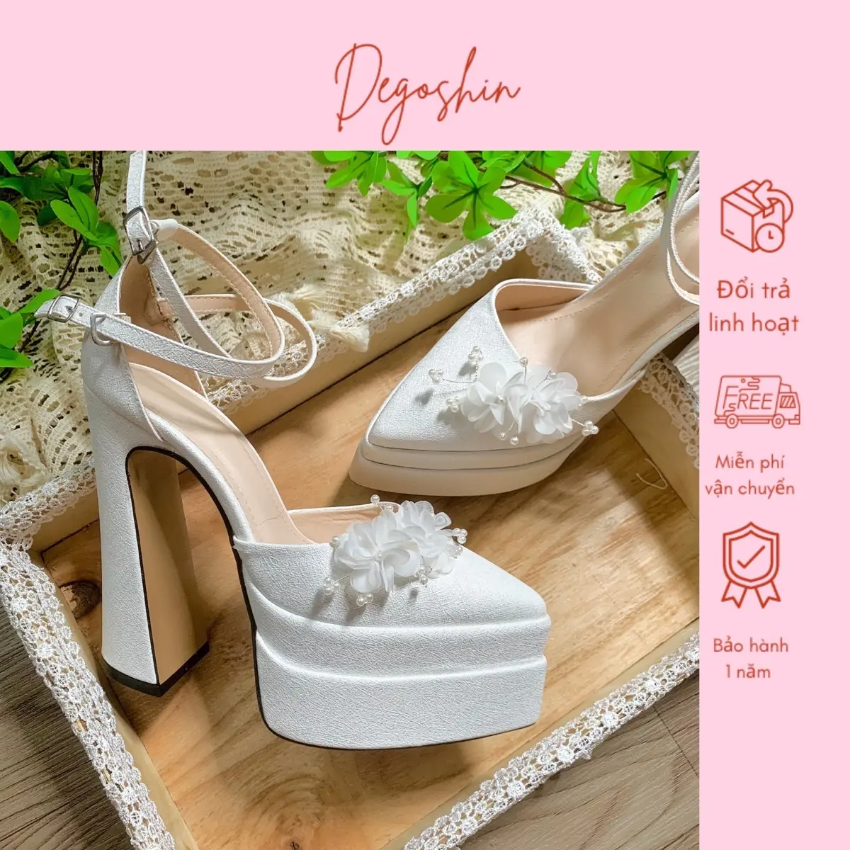 Degoshin bridal shoes - Giày cao gót, giày cưới 15p thiết kế đính Hoa Tú Cầu tôn dáng sang trọng