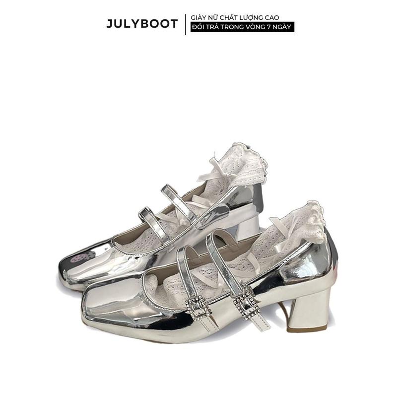  Giày cao gót bạc Ballet Cao Gót nữ mũi vuông màu bạc Chất liệu da PU cao Cấp Đế 5cm Giày ballet Mary Jane phong cách Pháp b3 