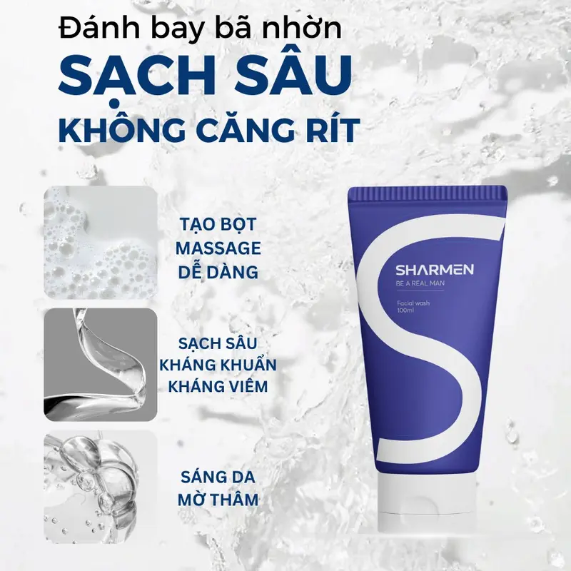 COMBO SMASH DUO Chăm Da Dầu Mụn Nam Giới - 1 sữa rửa mặt 1 Gel Bôi mụn SHARMEN cho Nam Giới - Sạch sâu, giảm mụn, kiềm dầu dưỡng sáng mờ thâm 2