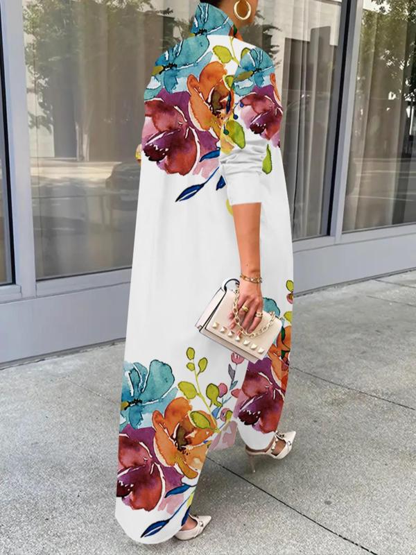 Women's All Over Print Button Front Asymmetrical Hem Long Shirt, Casual Long Sleeve Curved Hem Collared Top for Daily Outdoor Wear, Ladies Clothes for All Seasons 1