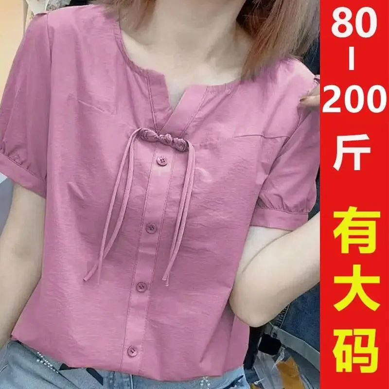 Áo Thun, Phong Cách Quốc Gia Mới, ngắn Tay, Có Nút Ếch, Mỏng Và Mỏng, Eo Ngắn, Dáng Rộng Vừa Vặn, Thích Hợp Cho Mùa Hè, Áo Thun Nhỏ Hàng Mới Về