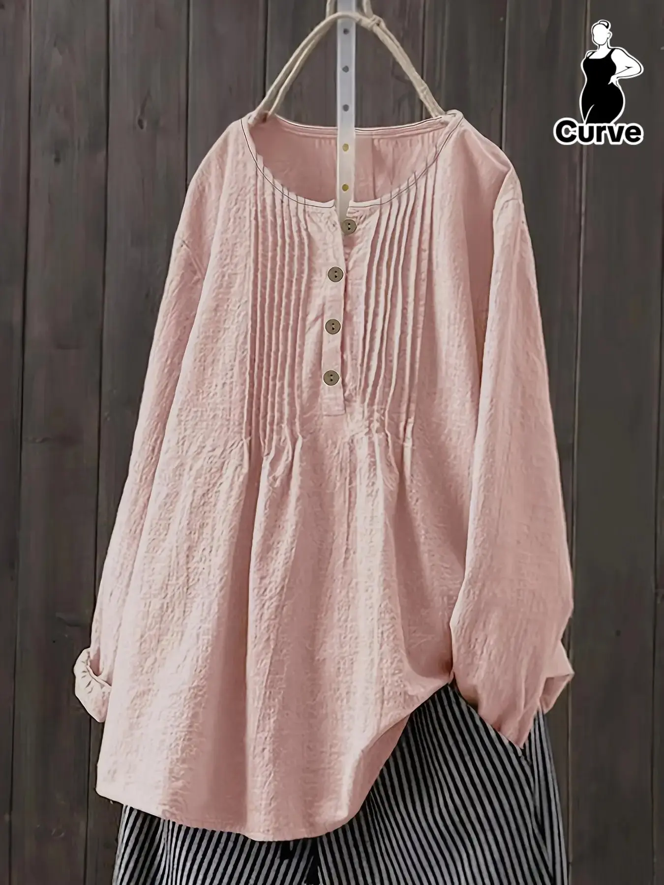 【Plus Size】 Solid Color Button Front Drop Shoulder Blouse, Casual Long Sleeve Round Neck Top for Fall & Winter, Women's Clothes for Daily Wear