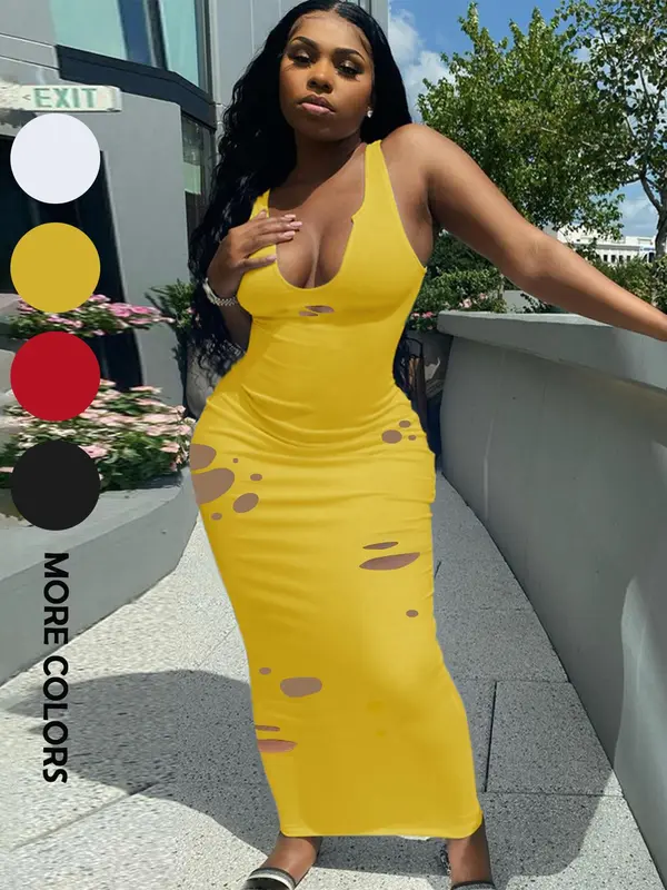 Women's Plain Ripped Notched Neck Bodycon Dress, Casual Sleeveless Long Dress for Summer, Ladies Clothes for Nightclub Party Daily Wear 4
