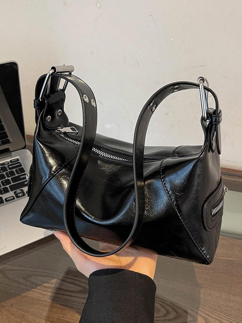 Product Introduction of Women's Elegant Solid Color Shoulder Bag, Fashionable Motorcycle Style Cool Girl Bag, Versatile Outing Bag, Retro Simple Casual Commuting Shoulder Bag 4