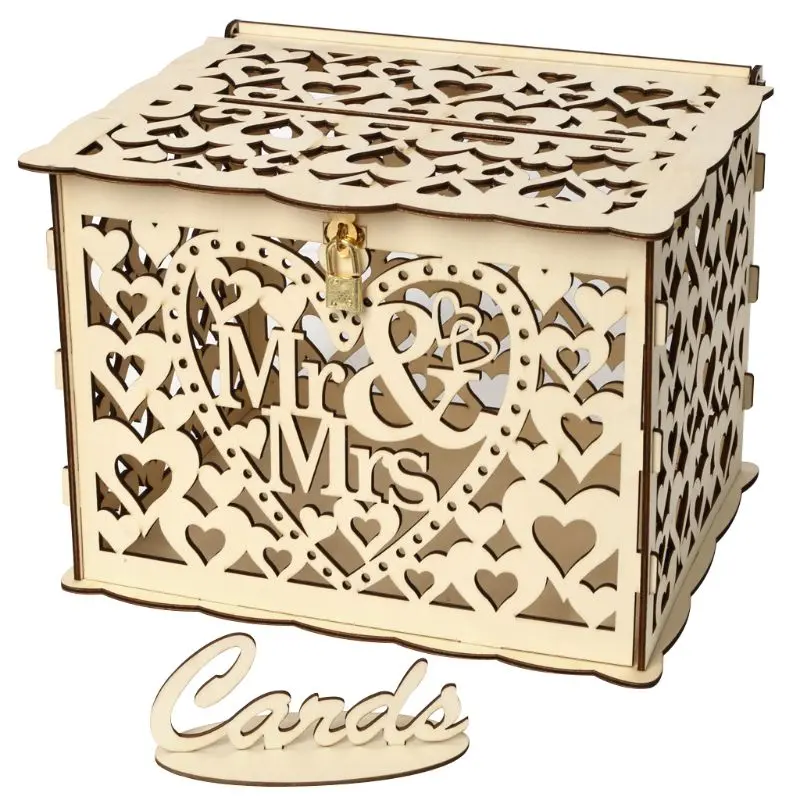 DIY Wedding Gift Mr & Mrs Wooden Card Money Box for Case With Lock Rustic Beauti