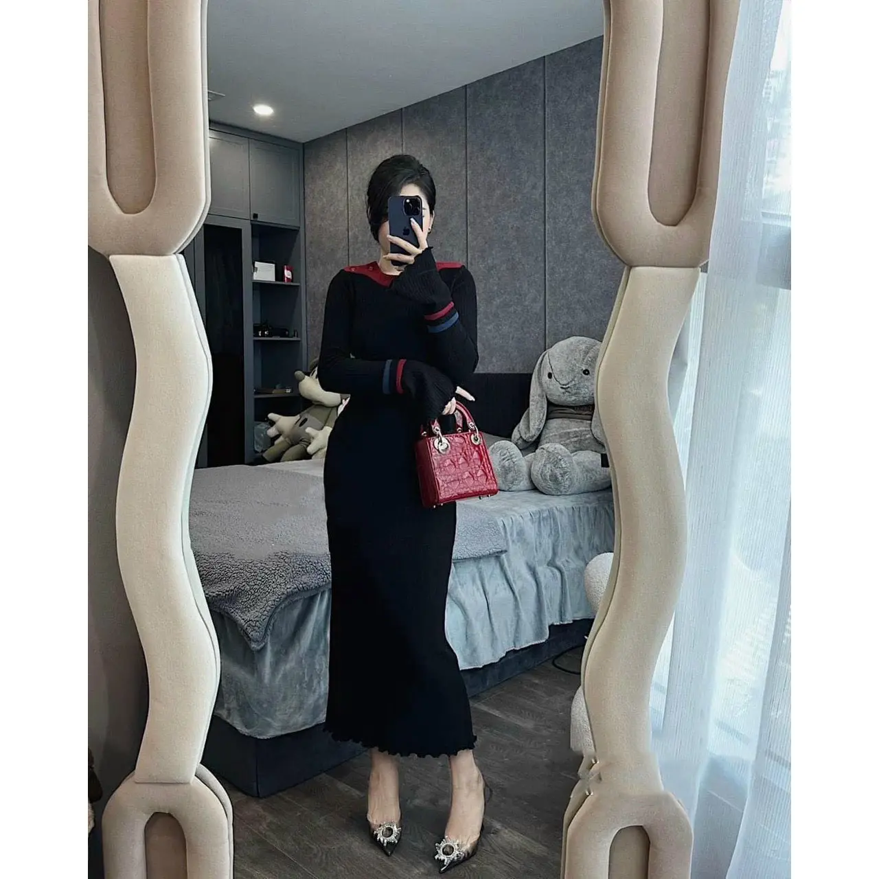 Váy len hàn DONGXU V115 ôm body phối viền màu cổ tròn dáng dài