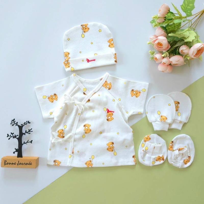 [Dưới 6kg] Set Áo Cột Dây Ngắn Tay / Dài Tay Kèm Nón, Bao Tay Bao Chân Cotton Cho Bé Sơ Sinh - BunnyBaby