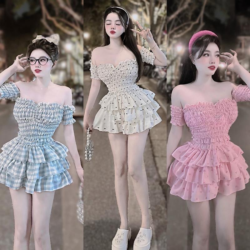 Set Bộ Kiểu Nữ Áo Bẹt Vai Nhún Chỉ + Chân Váy Tầng Caro Beveda Top Thun Voi Women Xanh