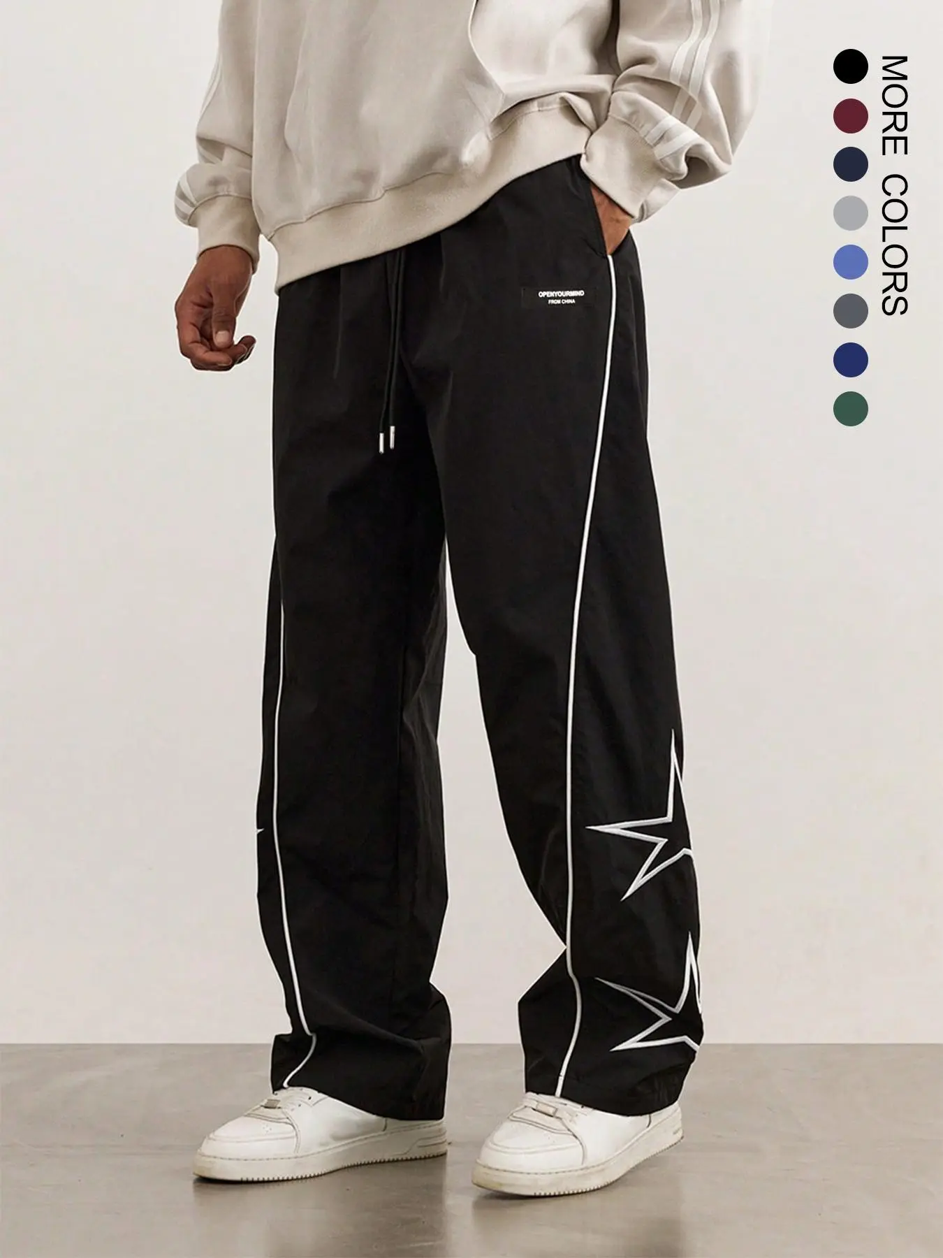 Men's Star Pattern Pocket Drawstring Waist Straight Leg Pants,  Casual Street Letter Patched Contrast Binding Trousers for Daily Wear, Mens Bottoms for All Seasons, National Day Offers