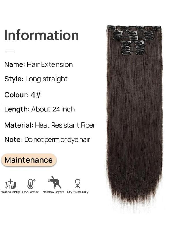 24 Inch Synthetic Long Straight Clip In Hair Extensions, 16 Clips Brown Wig Pieces For Female 3