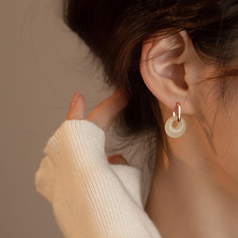 Khuyên Tai Tròn, Màu Vàng Tinh Tế Dành Cho Nữ, Mặt Dây Chuyền Ngọc Bích Hòa Điền Giả, Phụ Kiện Khóa Tai, Tuyệt Vời Làm Quà Tặng 3