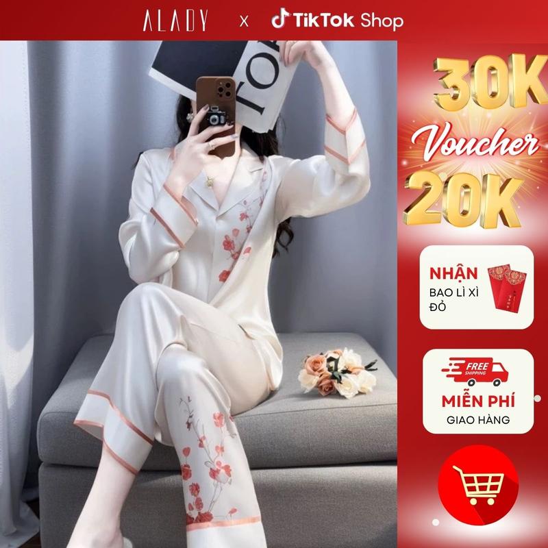 ALADY TD022 - Đồ bộ Pijama Nữ họa tiết hoa Anh đào phối viền tay sang trọng, chất vải lụa Latin cao cấp, mềm mại và thoáng mát. Quần Áo Ngủ Women có thể mặc nhà, đi chơi, dạo phố. Quần Ngủ