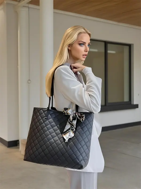 Summer 2025 Rhombus Quilted Lux Bag Set, Travel Essentials for Women,  Gifts for Girlfriend, Scarf Bow Decor Shoulder Bag & Crossbody Bag & Cute Plush Handbags & Wristlet Wallet & Crossbody Bag, Work Bag 0