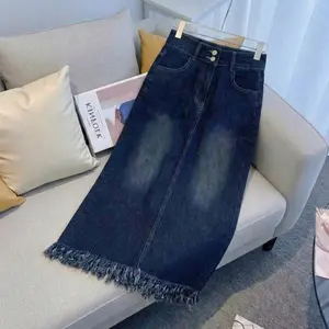 ALYA - Skirt Jeans S05 Vintage Midi Skirt Jeans Rawis A-line Kancing 2 Rok Jeans Wanita Korea Style Rok Jeans Highwaist Rumbai