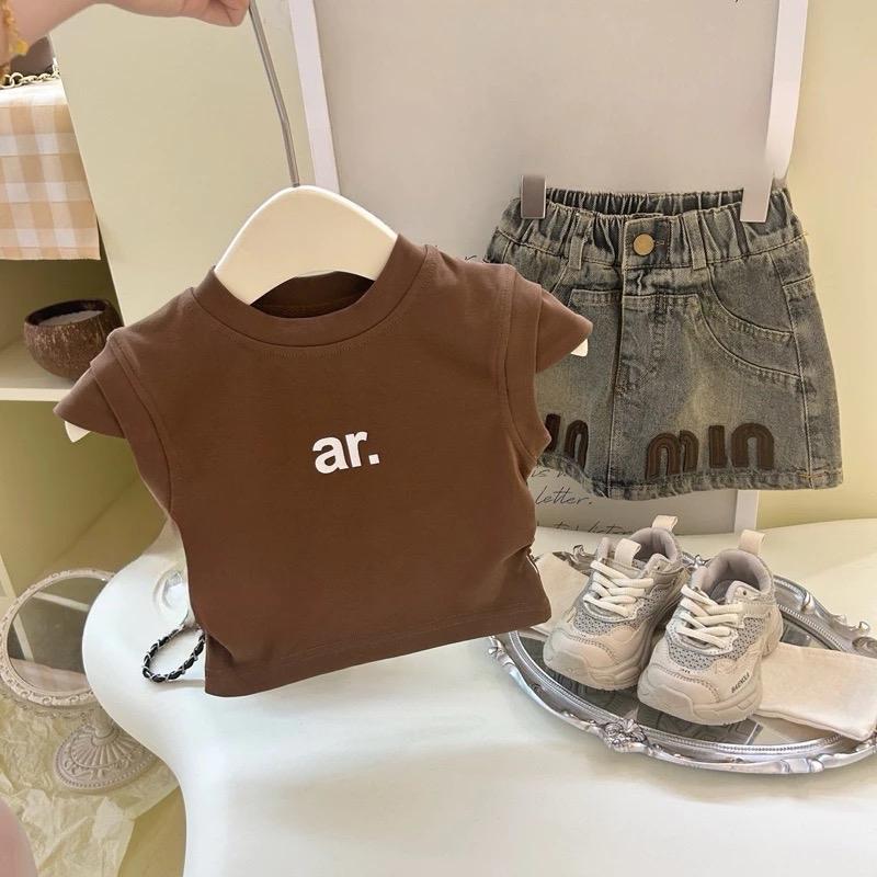 Shopmesockids Sét áo cotton nâu Ar. Mix váy jean cho bé gái quần áo set đồ