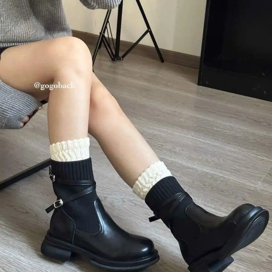 Bốt cao cổ da lì phối len hàng quảng châu