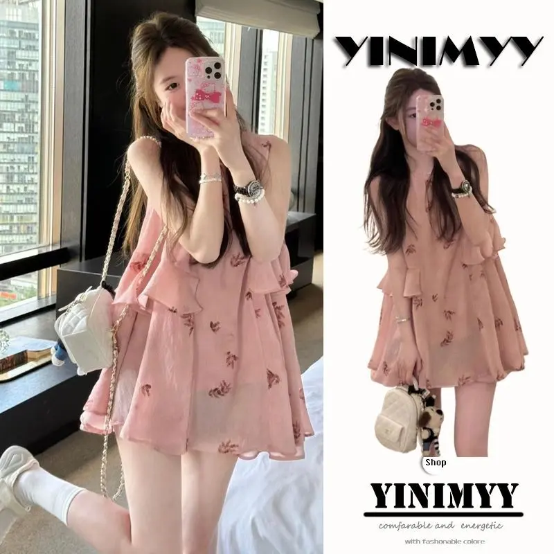 Summer new Korean-style sweet and fresh elegant Loose Women's suspenders jumpsuit short skirt 2024 new arrival dress clothing women Lady