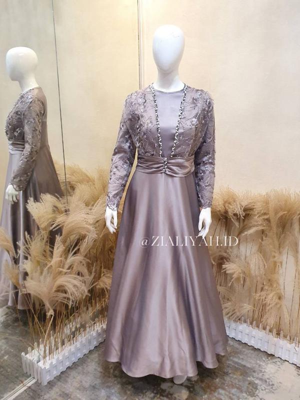 Amirah Dress Gamis Pesta Lebaran 2025 Wanita Kondangan Muslim Remaja Dewasa Mewah Maxi Satin Seragaman Simple Mutiara Gaun Rok Mayung 1