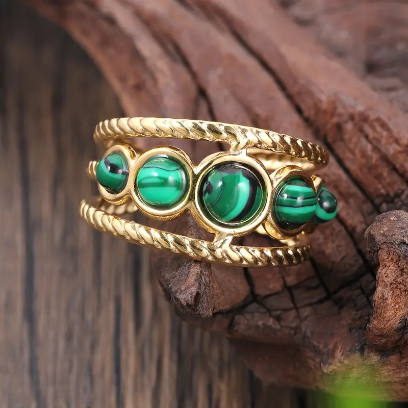 One Women Bohemian Simple Wide Face Geometric Inlaid Green Stone Open 304 Stainless Steel Ring Wide Face Hollow Design Suitable for Daily Prom Banquet Music Festival Holiday Jewelry Accessories Gifts 4