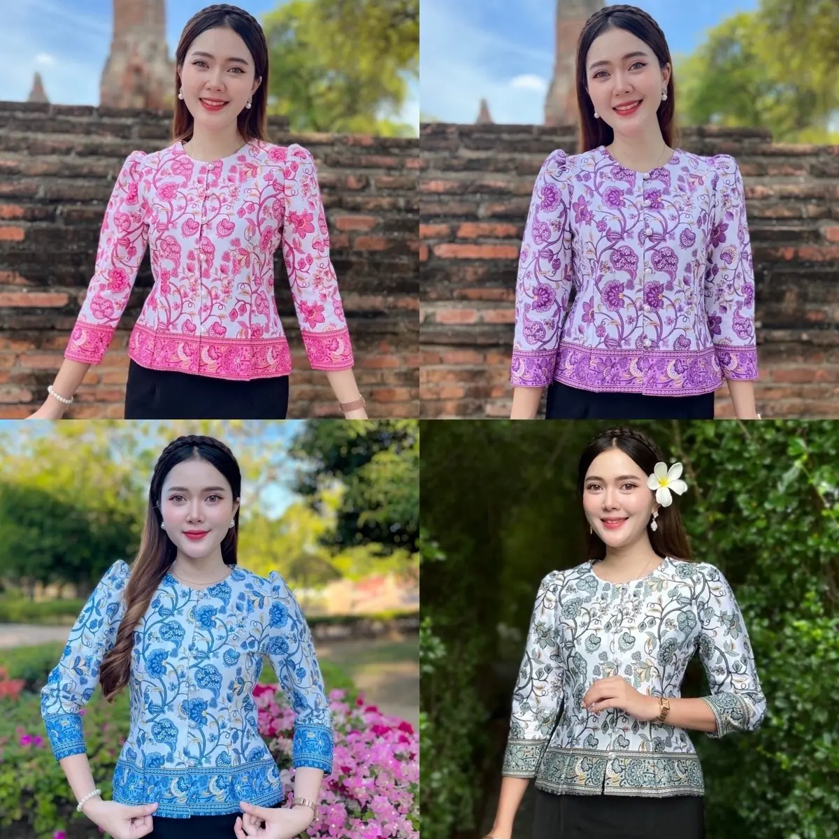 เสื้อปาเต๊ะ คอกลม (ทรงไทยเรือนต้น) แขน5ส่วน อัดกาว ลายดอกบานชื่น
