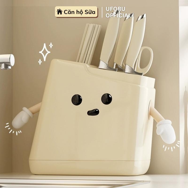 Giá Cài Dao Đa Năng Để Bàn Tích Hợp Ống Đựng Đũa Muỗng UFORU Màu Kem Chất Liệu Nhựa Cao Cấp - UF533