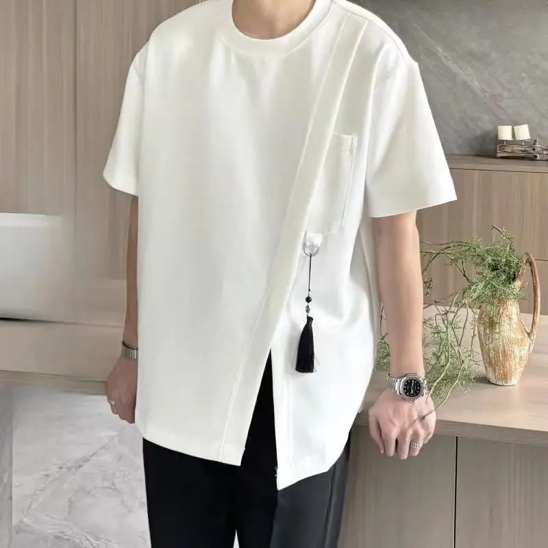 Áo Thun Ngắn Tay Phong Cách Trung Quốc Mới, Dành Cho Thanh Thiếu Niên, Hợp Xu hướng, Bất Đối Xứng, Thời Trang, Thích Hợp Cho Các Cặp Đôi, Mùa Hè 2024 Hàng Mới Về Menswear Nam Cổ Tròn Unisex