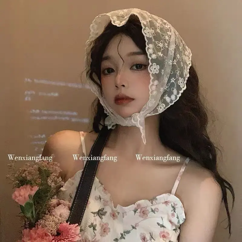 Khăn đội đầu viền ren phong cách vintage ngọt ngào chụp ảnh, phụ kiện thời trang mùa hè cho nữ 1