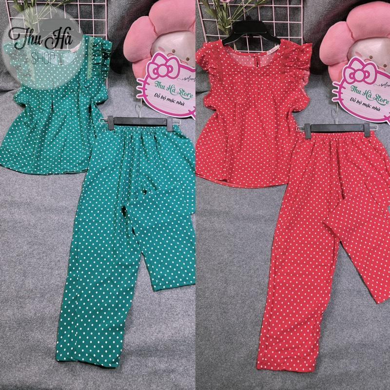 (40-75kg)Đồ bộ nữ mặc nhà tay cánh tiên quần túi dài 9 tấc, lụa 100d mềm mịn, hoạ tiết nhiều hình - Áo, Women