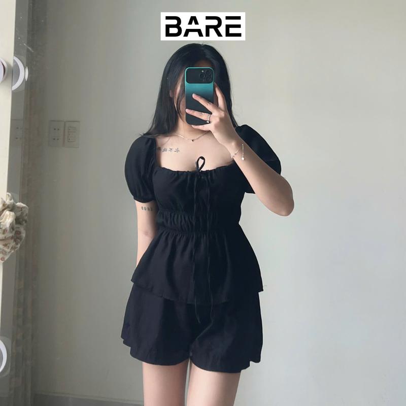 BARE_Áo kiểu tay bồng cột nơ chất linen, Áo babydoll tiểu thư dễ thương bo chun thân xinh xắn_A374 Nữ Top Women Nhung