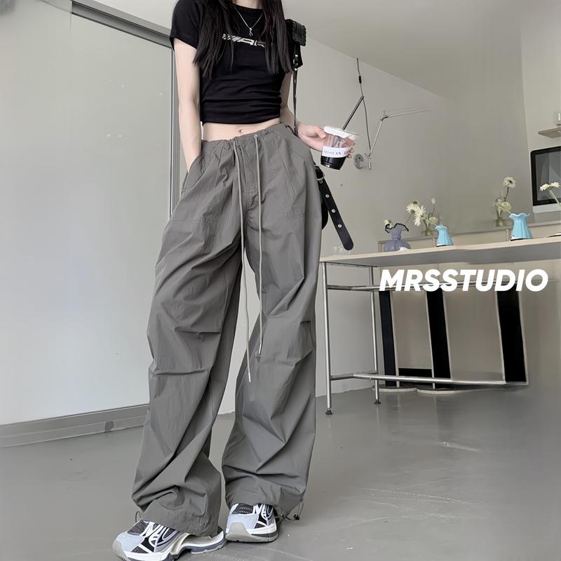  Quần gió dù nhăn MRS ống rộng rút eo cá tính nữ 