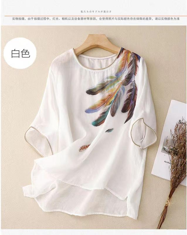 Product Introduction of Cotton and linen top retro art floral print summer New loose round neck breathable versatile thin short sleeve t-shirt 8