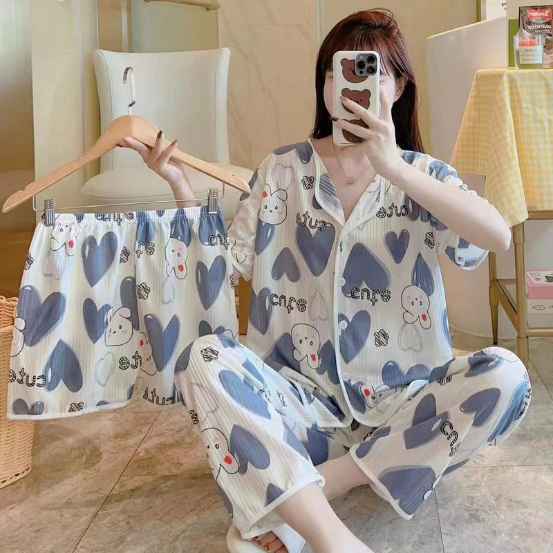 Product Introduction of 2024 TikTok Live Hot Sale Three-Piece Pajamas for Women Cute Cartoon Ding Dong Bear Casual Loungewear Set 7