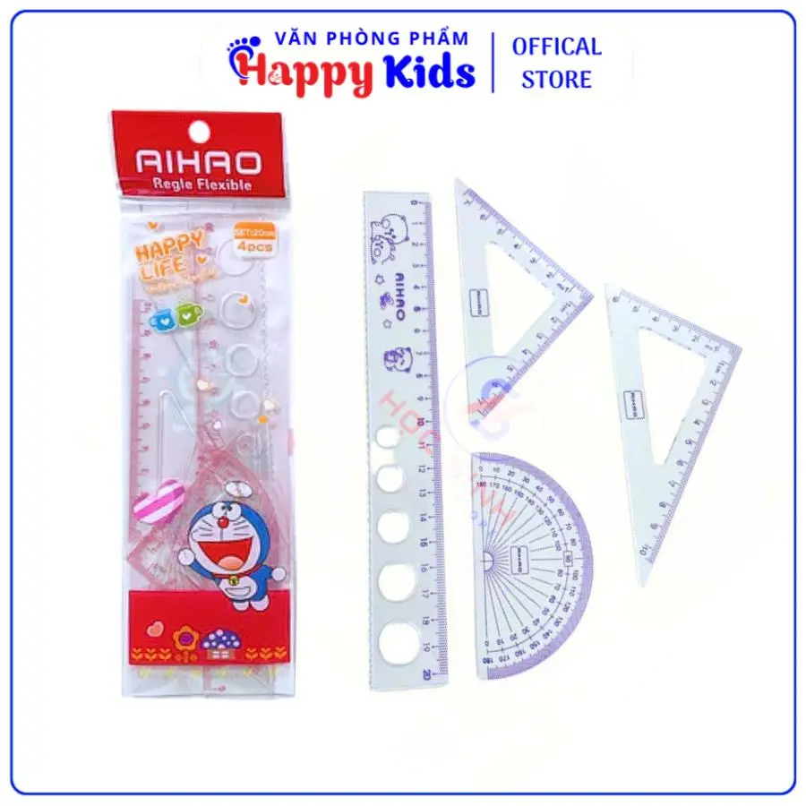 Bộ 4 Cây Thước Hình Học Dành Cho Học Sinh Aihao 9612 (Giao Màu Ngẫu Nhiên) - VPP Happy Kids