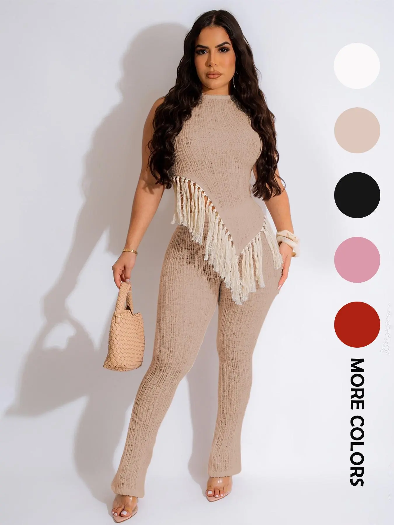 Two-Piece Set Women's Asymmetrical Fringe Hem Tank Top & High Waist Pants Set, Elegant Round Neck Sleeveless Tassel Top & Skinny Trousers for Summer, Ladies Clothes for Daily Wear