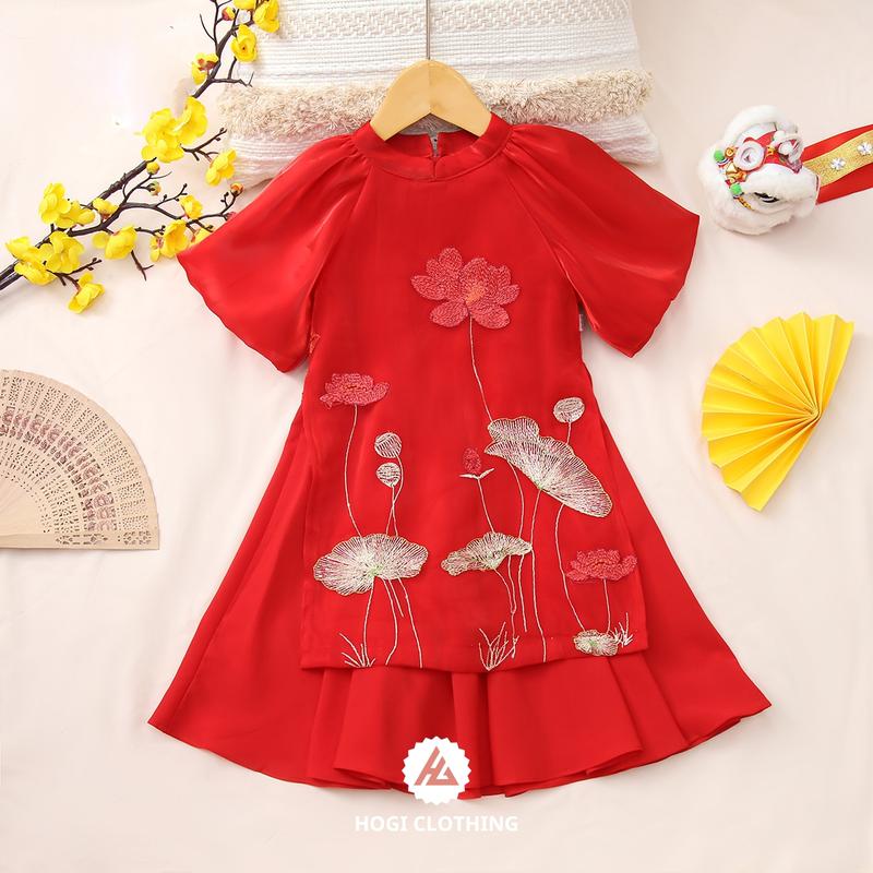  Áo dài bé gái Hogi hoạ tiết thêu hoa sen hàng may 3 lớp áo dài cho trẻ em đủ size 9-30kg - Hogi Clothing Cho Bé áo 