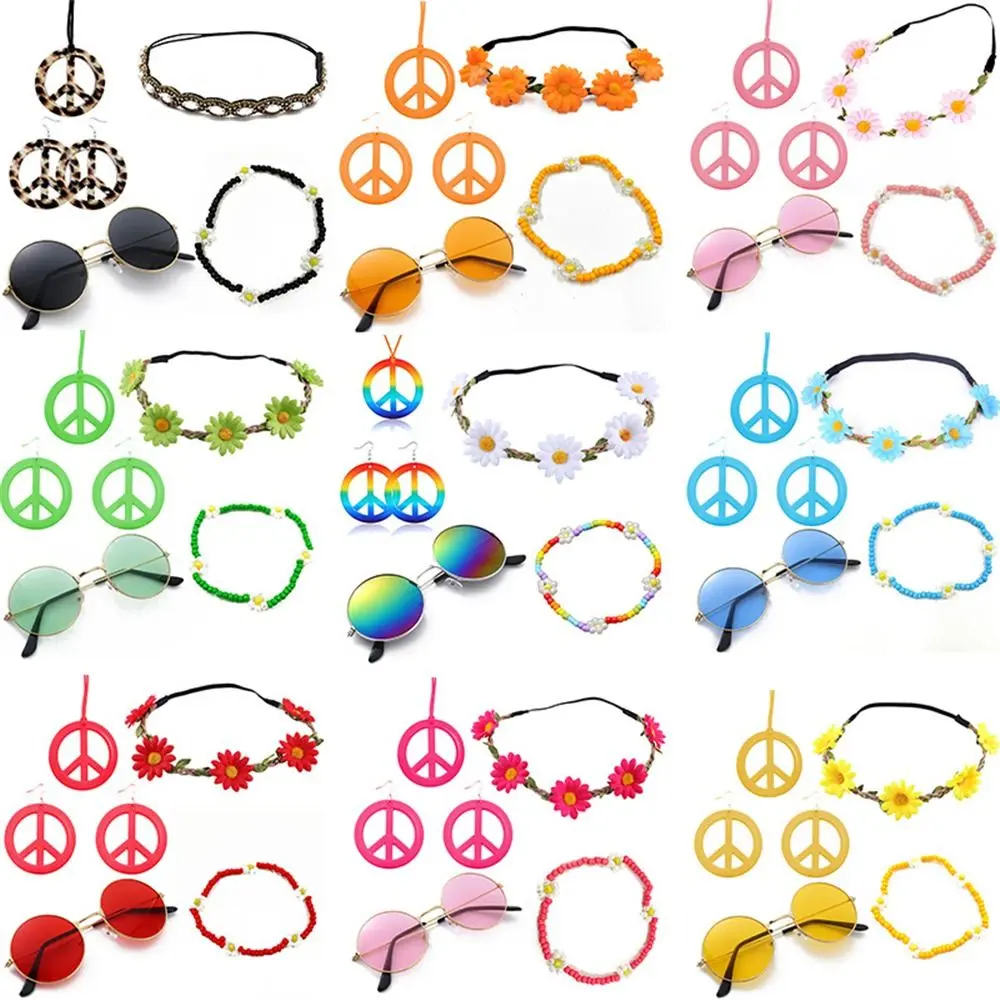 6 Pcs 60's 70s Style Women's Hippie Costume Set Boho Peace Sign Round Glasses Sunflower Crown Hair Band for Groovy Party Girls