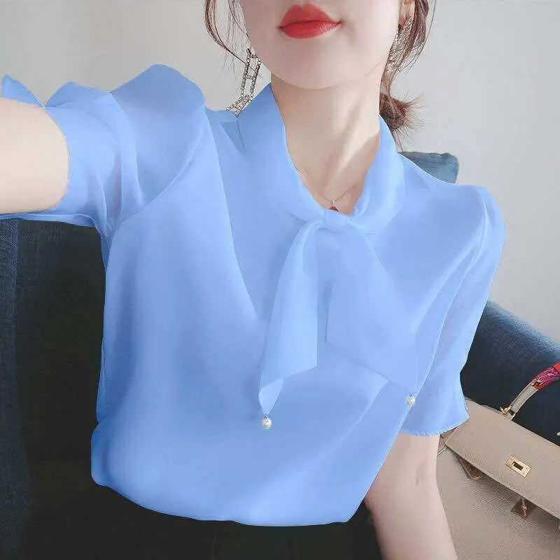 Áo Voan, ngắn Tay Nữ Mùa Hè, Phong Cách Hàn Quốc, Nơ Thanh Lịch, Thích Hợp Cho Công Sở Và OL, Áo Sơ Mi, Áo Cánh Nữ, Áo Phông Ngoại Cỡ 5XL Top Women Cổ Tròn Shirt
