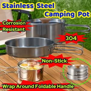 Periuk Perkhemahan Keluli Tahan Karat Dapur Khemah Alat Memasak Berkelah Kuali 304 Stainless Steel Camping Pot Set Pan Cooking Cookware Utensils Multifunctional Multipurpose Outdoor Equipment Climbing Lightweight Non-Stick Wrap Around Foldable With Handle