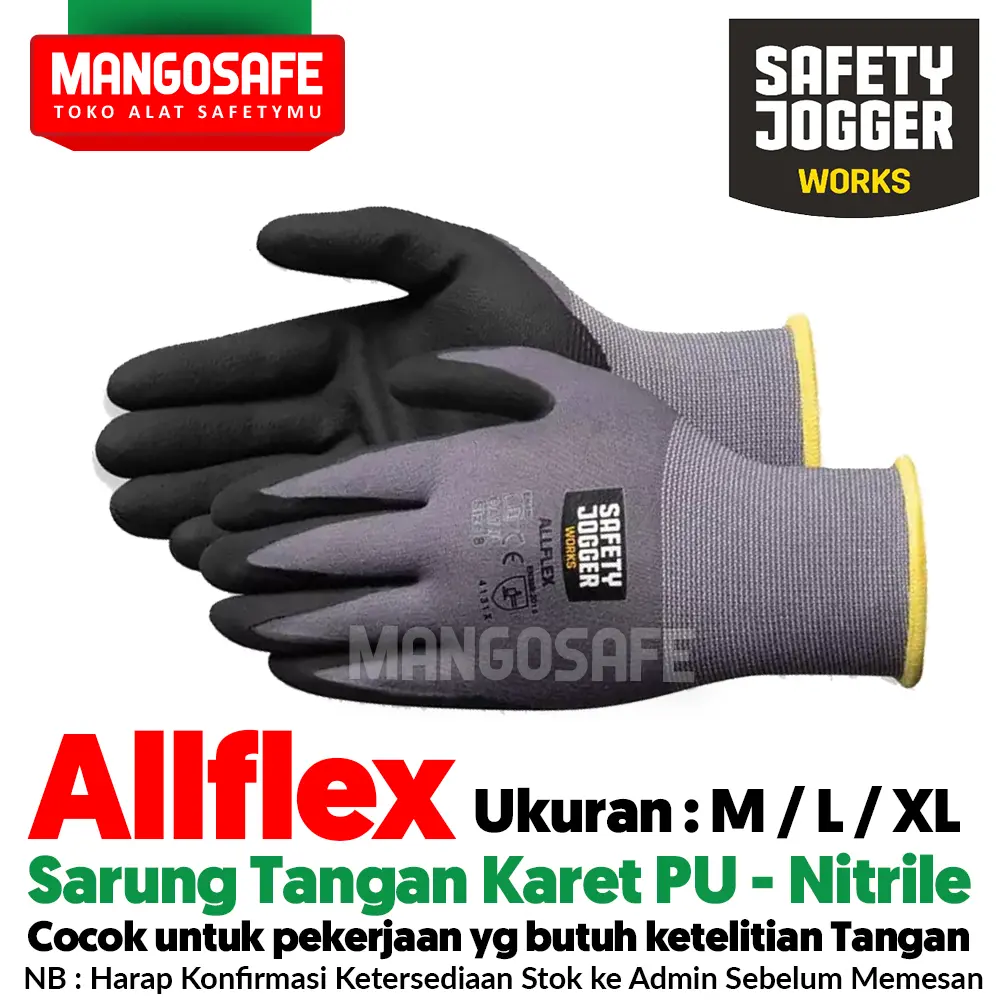 Safety Jogger ALLFLEX Sarung Tangan Kain Nylon Spandex Coating Polyurethane PU + Nitrile / Working Gloves ALL FLEX Multifungsi Kerja Proyek Pabrik Kebun Taman Mekanik Teknisi Surveyor / Sarung Tangan Motor Bikers