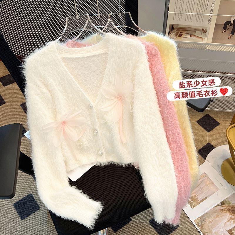 Áo Cardigan Dệt Kim Lông Chồn Giả, Ehnz, Thiết Kế Hoa Ba Chiều Ngọt Ngào, Dành Cho Nữ, Thích Hợp Cho Mùa Thu Và Mùa Đông, Cao Cấp, Thanh Lịch Và Sang Trọng, Áo Khoác Len 0