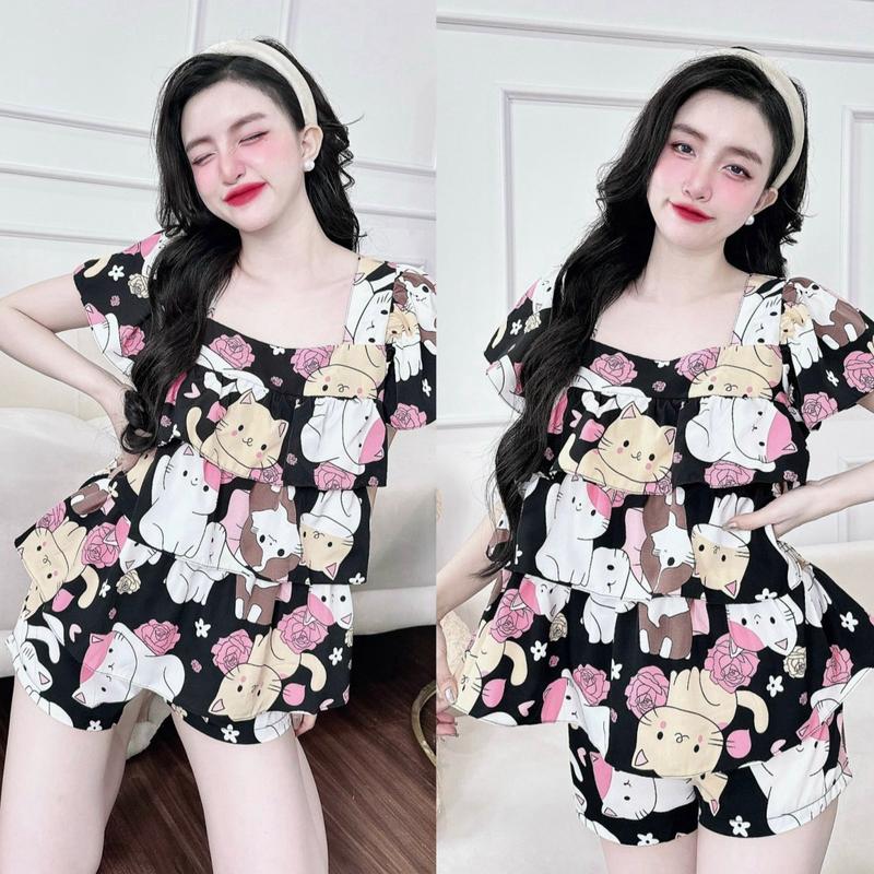 Đồ Bộ Pijama -Bộ Đồ Ngủ Bigsize Én Nhỏ Nữ Mặc Nhà Đùi Tầng Cổ Vuông Dễ Thương Xinh Đẹp Cao Cấp Đủ size 50-100kg ennhocobigsize Nhung Women Áo - 2234