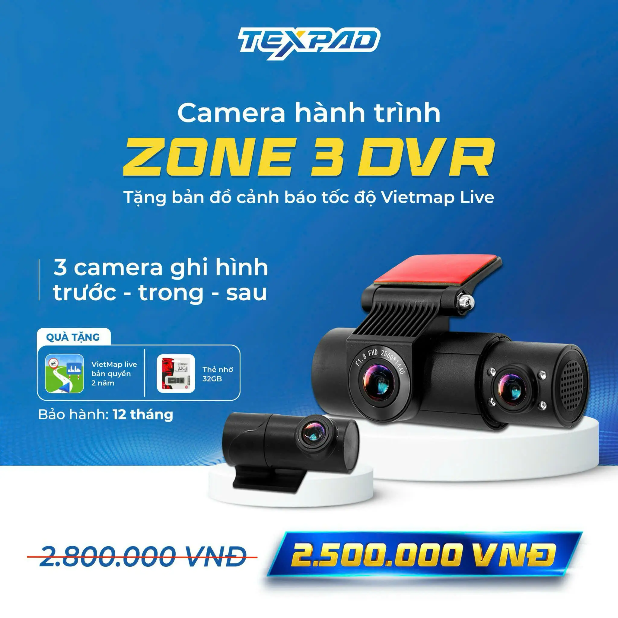 Camera hành trình TexPad Zone 3 DVR - Cam hành trình ghi trước + sau + trong xe
