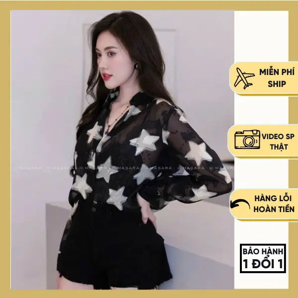 Áo Sơ Mi Nữ Lụa Voan Mỏng Họa Tiết Ngôi Sao Đen Hồng Form Vừa Phải