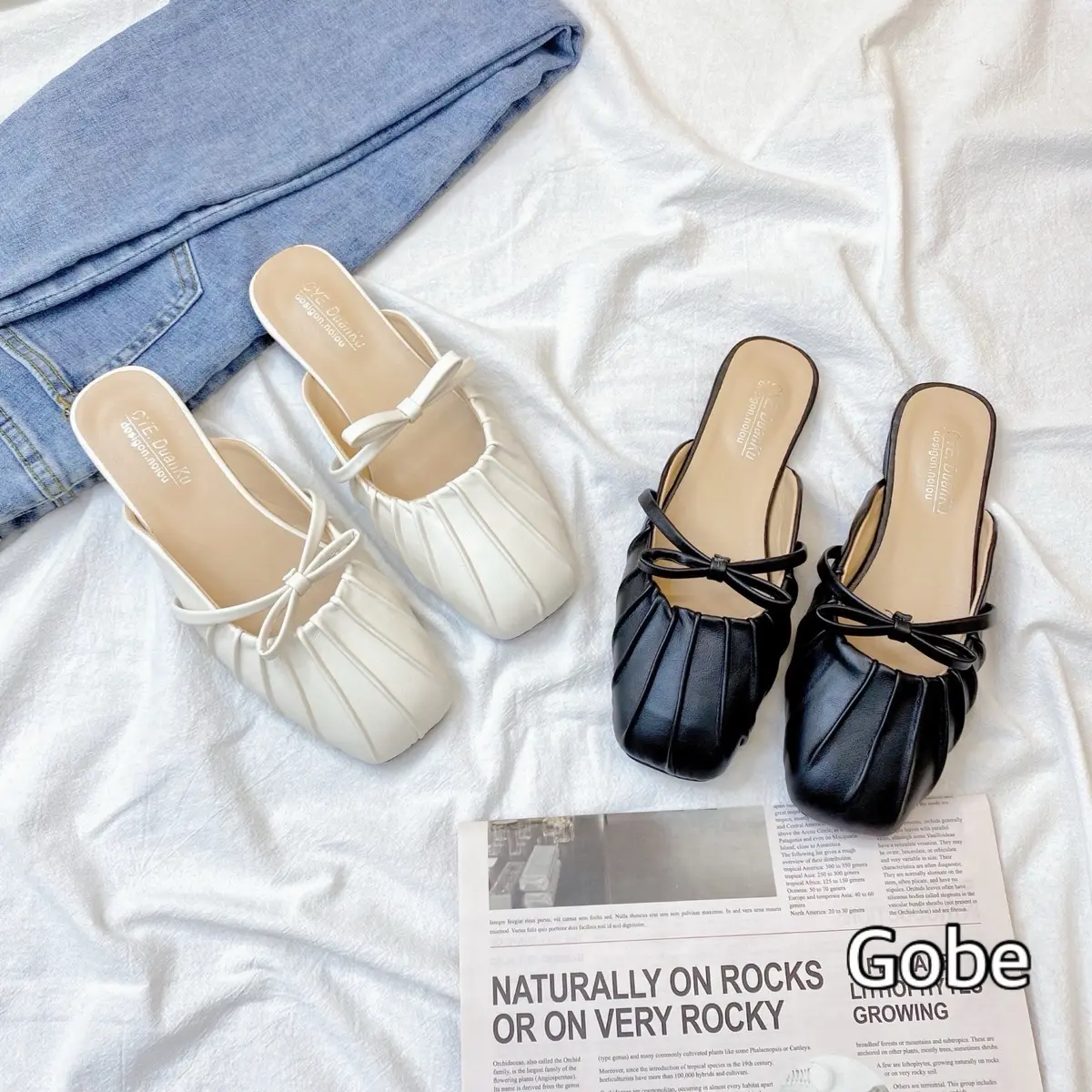 C126 - [GOBE Shoes] Mẫu Sục mũi sò cá tính, phối quai nơ ngang - Dép GiàY Nữ
