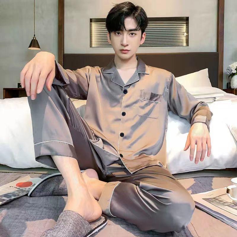 Bộ Đồ Ngủ Nam, Chất Liệu Lụa Lạnh Dài Tay, Mỏng Và Rộng, Ngoại Cỡ, Thích Hợp Cho Mùa Xuân Và Mùa Thu, Mặc Nhà, Bộ Đồ Lụa Thường Ngày Mùa Hè, Có Sẵn Cho Mùa Thu Và Mùa Đông Áo Menswear Nhung 0
