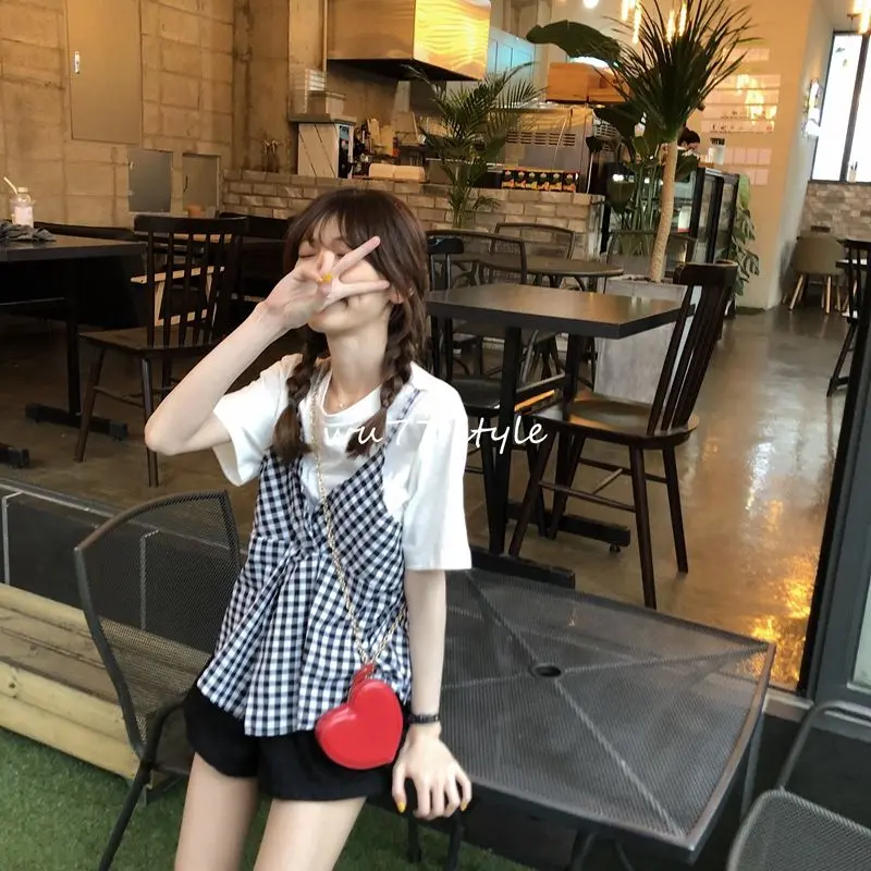 Áo Thun Giả Hai Lớp, Thiết Kế Khâu Đẹp, Phong Cách Hàn Quốc, Dáng Rộng Vừa Vặn, Bó Sát, Buộc Dây, Áo Thun Vest Kẻ Sọc, ngắn Tay Mùa Hè Cho Nữ áo  caro  nữ  sơ  mi 5
