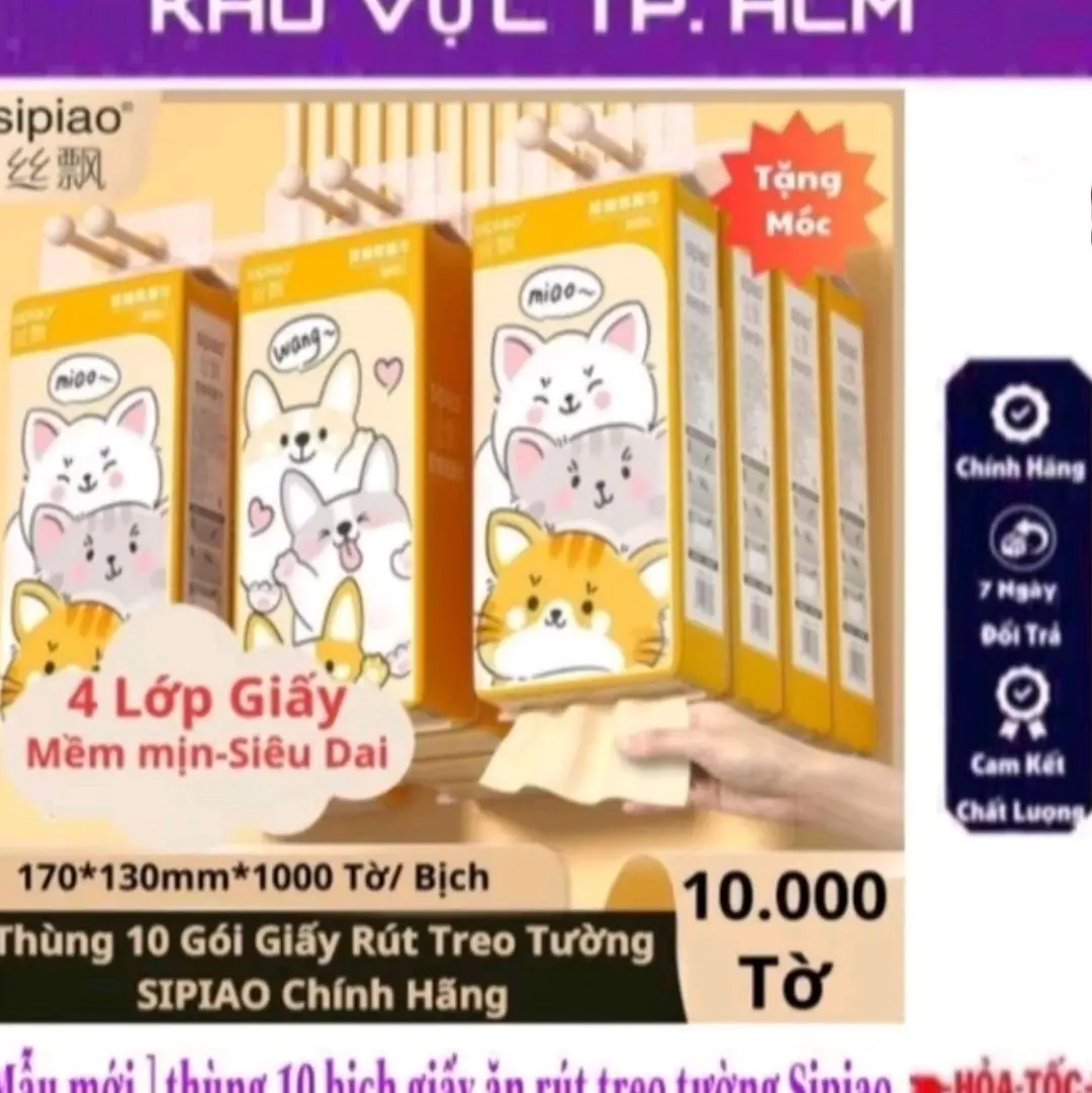 [Mẫu mới] Bịch 1000 tờ khăn giấy ăn rút treo tường hình chó mèo vàng Sipiao chính hãng - mềm mịn, siêu dai